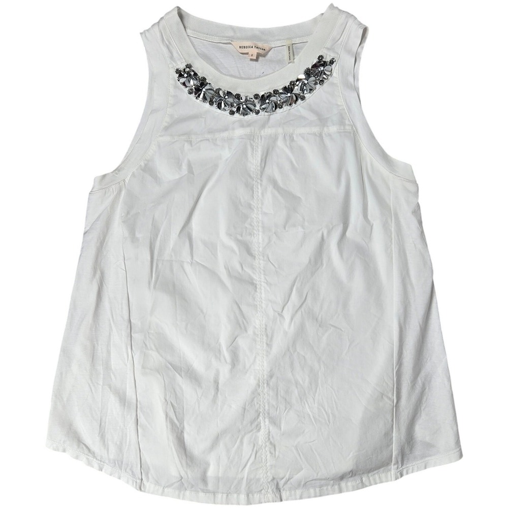 Rebecca Taylor White Embellished Neck‎ Tank Top Size 2 Sleeveless